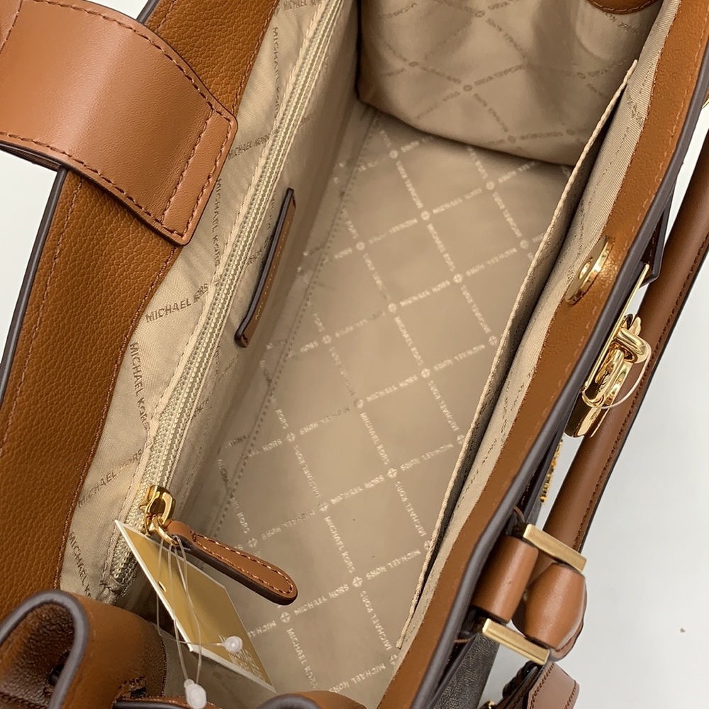Michael Kors Hamilton Med Satchel Shoulder Crossbody Bag Luggage/Brown Signature - Picture 12 of 16